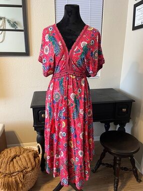R.Vivimos Boho Peacock Floral Print Maxi Dress Red V-Neck Medium